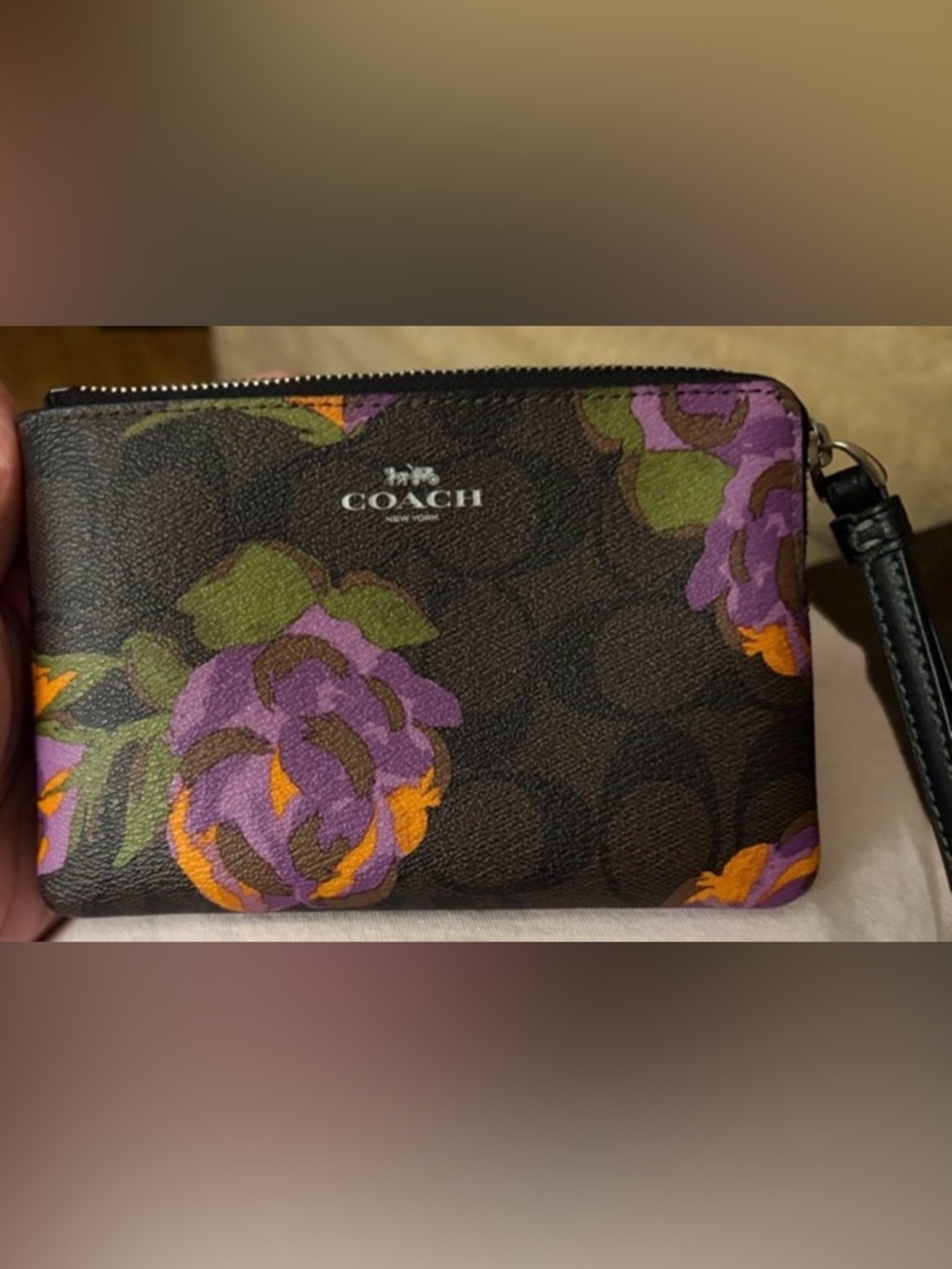 🌸 Coach Signature Brown Floral Wristlet Wallet Purple/Orange Roses | EUC